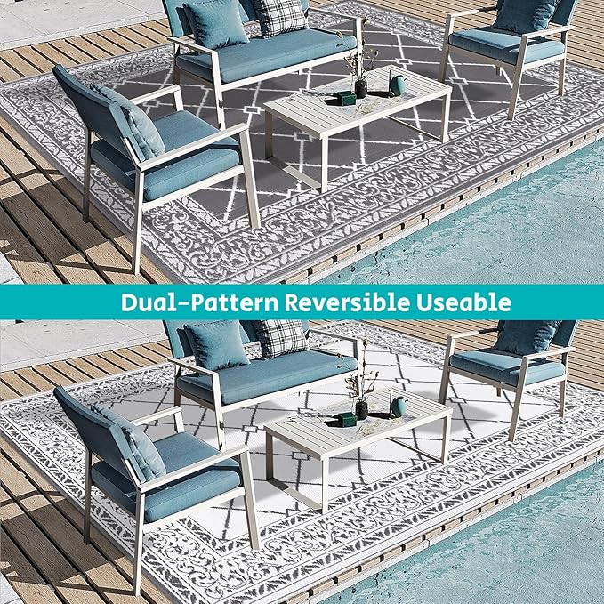 HEBE Outdoor Rug Waterproof 9x12, Reversible Plastic Straw Rug RV Camping Rug, Indoor Outdoor Patio Mat Clearance, Outside Carpet for Porch,Deck,Camper,Balcony,Backyard,Picnic