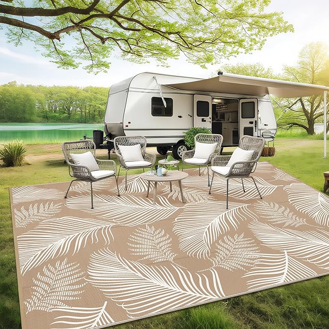 Pauwer Waterproof Outdoor Rug 10x14, Reversible Plastic Straw Patio Camping Rug, Indoor Outdoor RV Mat Carpet for Deck, Camper, Porch, Balcony, Backyard, Picnic, Leaf Brown