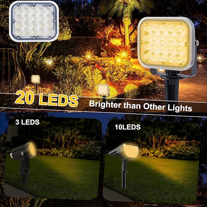 20 LED IP65 Waterproof Outdoor Spot Lights - Dusk-to-Dawn 3000K Warm White Solar Landscape Lights for Yard, Garden, Driveway, Porch, Walkway