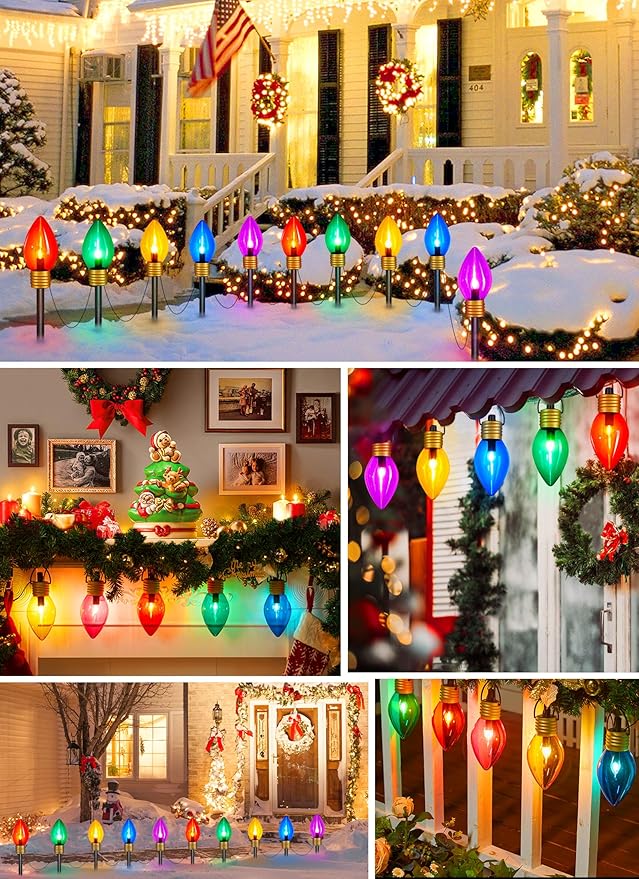 Jumbo C9 Christmas Pathway Lights Outdoor - 8.5 Feet 5 LED C9 Walkway Lights, C7 Covered Multicolor Bulb for Holiday Decorations, Outside Lawn, Yard, Garden