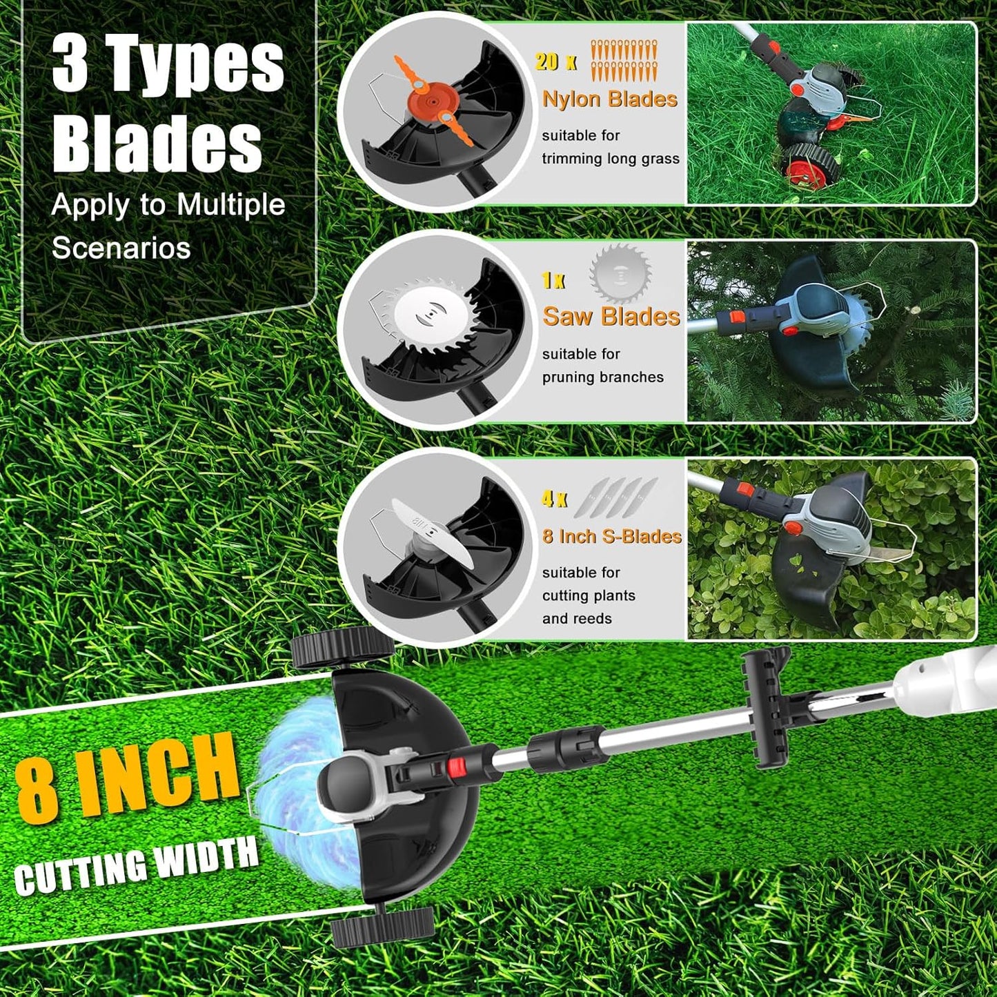 Electric Weed Wacker Cordless Eater Battery Powered, 21v Lightweight Weed Trimmer With 2 4.0Ah Battery Operated & Charger & Wheels & Shears, 3 In1 Grass Trimmer/Brush Cutter/Lawn Edger for Yard Garden