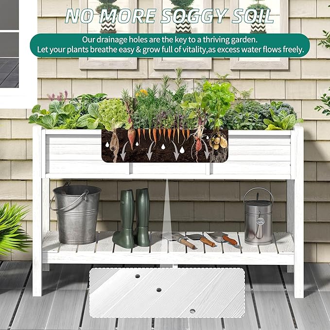 YITAHOME 48x18x30in Raised Garden Bed, Weather Resistant Poly Lumber Planter Box with Legs & Storage Shelf, Elevated Garden Bed for Yard, Garden, Balcony - White