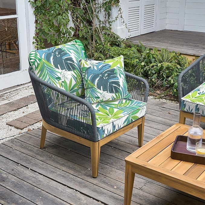 LVTXIII Outdoor Deep Seat Cushion Patio Seat and Back Cushion Set Seasonal Chair Cushion for Dining Arm Chairs, Wicker Chairs and Garden Furniture Decoration, 22"x22"x4", Islamorada Blue Green