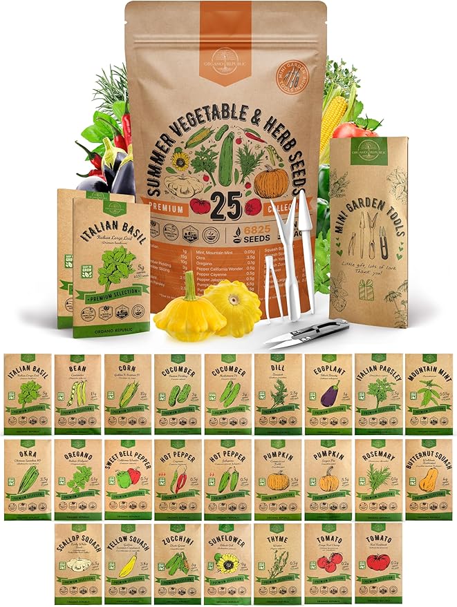 Organo Republic 25 Summer Vegetable & Herb Garden Seeds Variety Pack - 6,820+ Non-GMO Heirloom Veggie & Herb Seeds for Outdoors & Indoor Home Gardening: Tomato, Okra, Bean, Cucumber, Basil, Rosemary