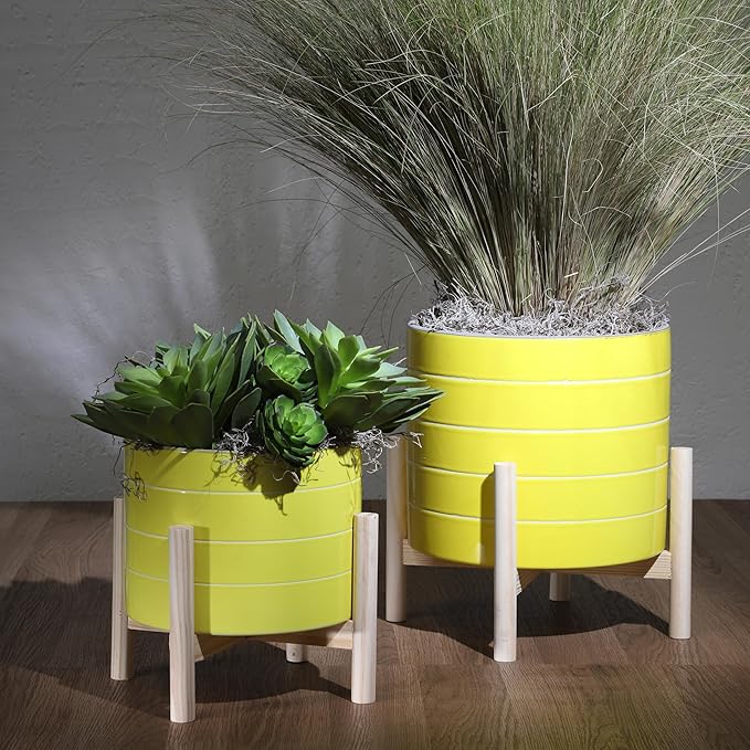 Sagebook Home 8" Planter on Stand - Ceramic Planter on Wooden Base - Contemporary Yellow and White Striped Design Indoor or Outdoor Plant Stand Decor