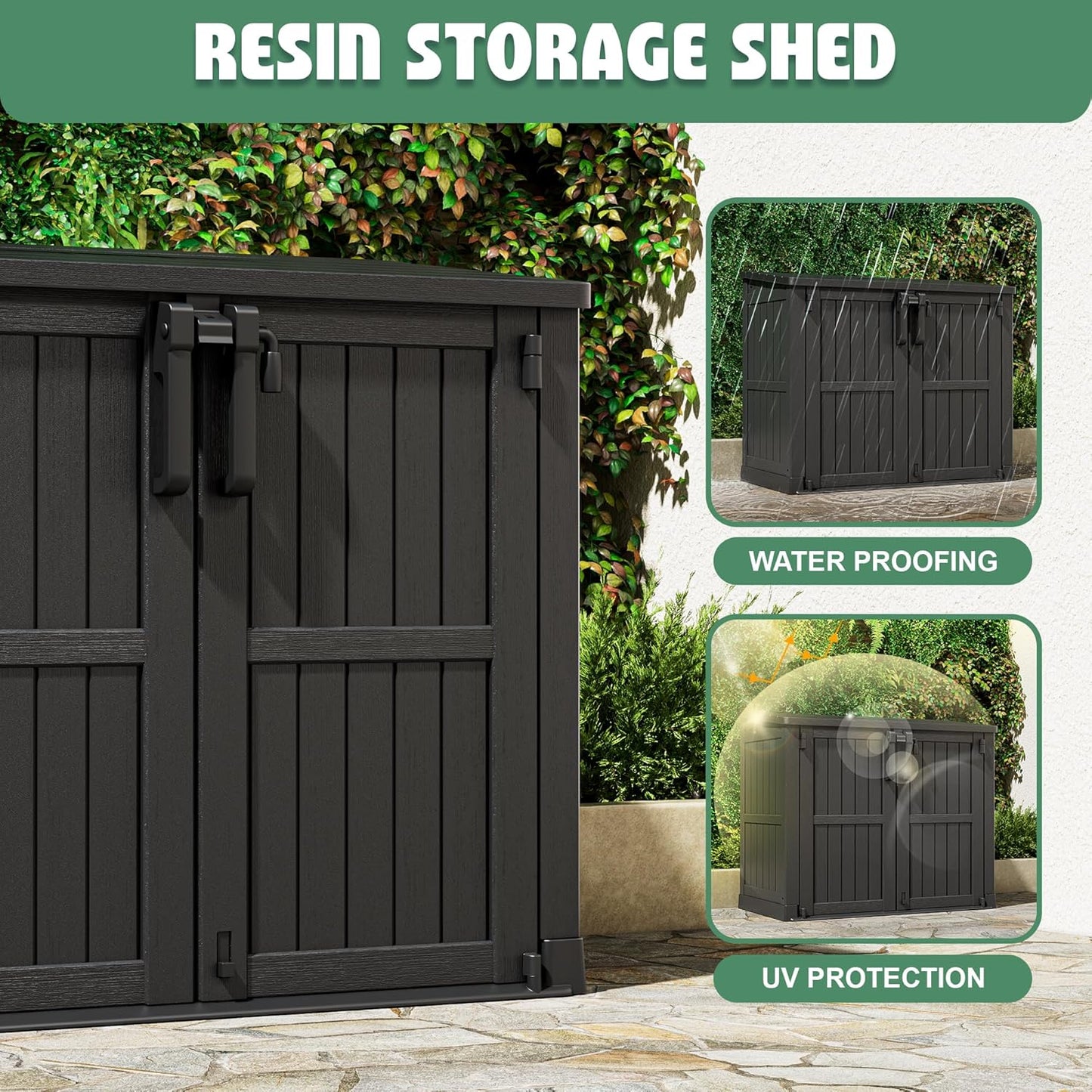 Horizontal Resin Storage Shed 36 Cu Ft with Lockable Doors, Portable Outdoor Storage Cabinet -Easy to Assemble,Sheds & Outdoor Storage, Waterproof Outdoor Storage Box for Backyards,Black