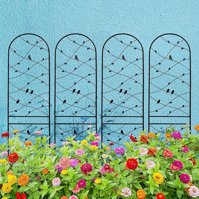 Metal Garden Trellis Rustproof Trellis for Climbing Plants Outdoor Flower Support Bird Deco (Black-4 Pack, 86.7"x19.7")
