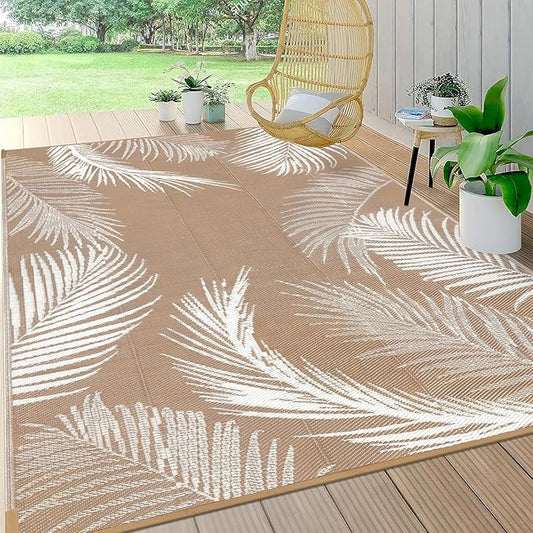 Pauwer Waterproof Outdoor Rug 5x8, Reversible Plastic Straw Patio Camping Rug, Indoor Outdoor RV Mat Carpet for Deck, Camper, Porch, Balcony, Backyard, Picnic, Leaf Brown