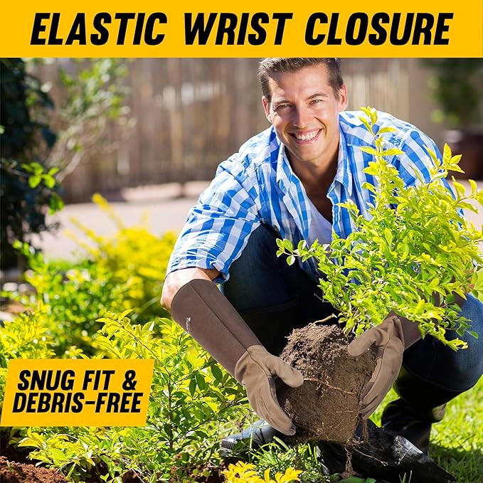 HANDLANDY Long Gardening Gloves for Men & Women, Cowhide Leather Rose Pruning Gloves- Breathable & Durable Gauntlet Glove (Small, Brown)