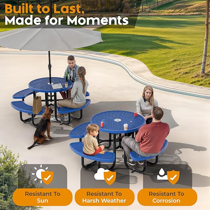 Metal Picnic Tables for Outdoors with Umbrella Hole - Coated Steel Heavy Duty Commercial Grade Table with Adjustable Seats (Blue, 38 in, Round, Expanded Steel)