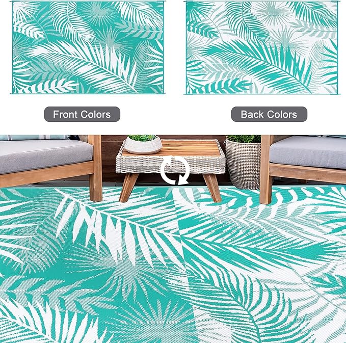 Outdoor Rug 8'x10' Waterproof for Patios Clearance, Reversible Outdoor Plastic Straw Rug Camping Carpet, Outside Floor Mats Large Area Rugs for RV,Patio,Deck,Porch, Beach,Balcony,Teal&White