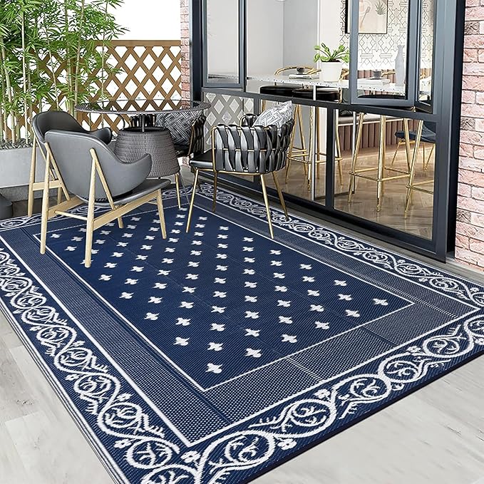 Pauwer Waterproof Outdoor Rug 6x9, Reversible Plastic Straw Patio Camping Rug, Indoor Outdoor RV Mat Carpet for Deck, Camper, Porch, Balcony, Backyard, Picnic, Bordered Navy