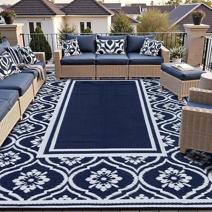 Outdoor Rug 8x10 Patio Camping Carpet Waterproof Mat Blue Outside Plastic Area Rug Reversible Rugs for RV Deck Entryance Porch Picnic Balcony Beach(8x10ft Navy Blue&White)