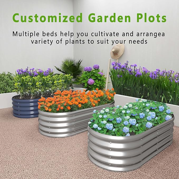 KFN 12x1.8x1FT Galvanized Raised Garden Bed,Raised Garden Bed Kit-Oval Metal Vegetable Box,Large Planter Flower Boxes Outdoor,Planting for Vegetables,Flower,Herb,Grey,0.7mm