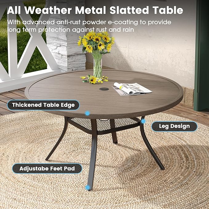 DIFY 48" Round Patio Dining Table for 6, Outdoor Metal Dining Table with 1.57" Umbrella Hole for Backyard Lawn Garden, Grey Wood-Like