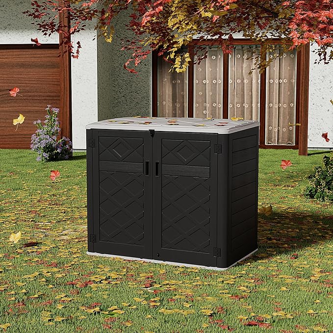 HOMSPARK Storage Shed Weather Resistance, Multi-Purpose Outdoor Storage Cabinet for Backyards and Patios, Horizontal Storage Shed for Lawnmower, Patio Accessories (Black & White, X Large - 48 cu.ft)