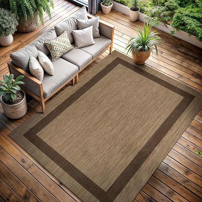 CAMILSON Outdoor Rug 5x7 - Modern Outside Rugs for Patios Porches Waterproof Durable Washable Non-Shedding, Easy-to-Clean Indoor Outdoor Area Carpet (5 x 7, Bordered - Jute)