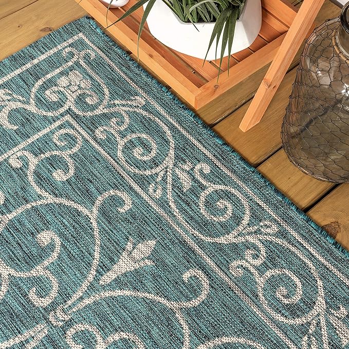 JONATHAN Y SMB106F-9SQ Charleston Vintage Filigree Textured Weave Teal/Gray 9' Square Indoor/Outdoor Area Rug, Pet Friendly, Non-Shedding, Stain Resistant, Easy-Cleaning for Backyard, Patio, Porch