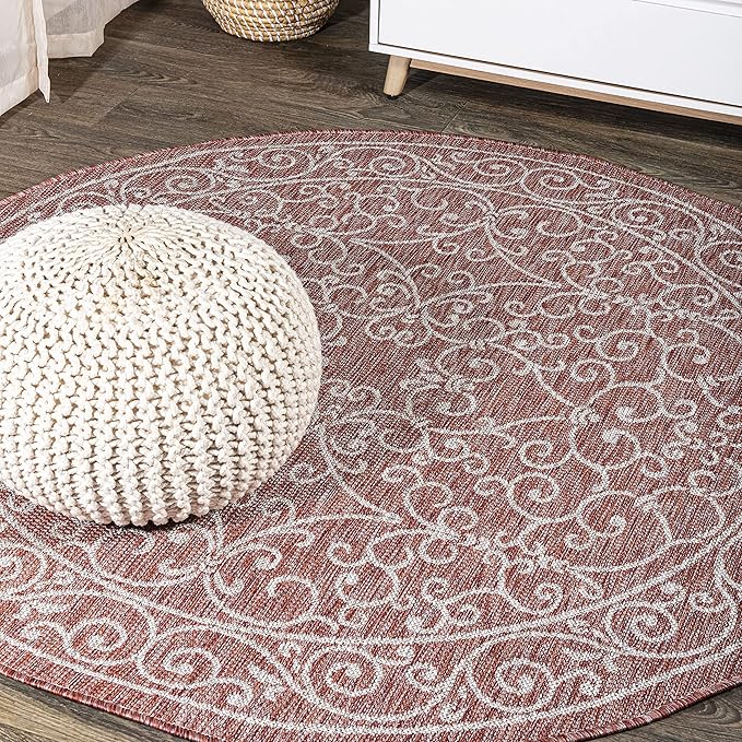 JONATHAN Y SMB106B-9R Charleston Vintage Filigree Textured Weave Red/Beige 9' Round Indoor/Outdoor Area Rug, Pet Friendly, Non-Shedding, Stain Resistant, Easy-Cleaning for Backyard, Patio, Porch