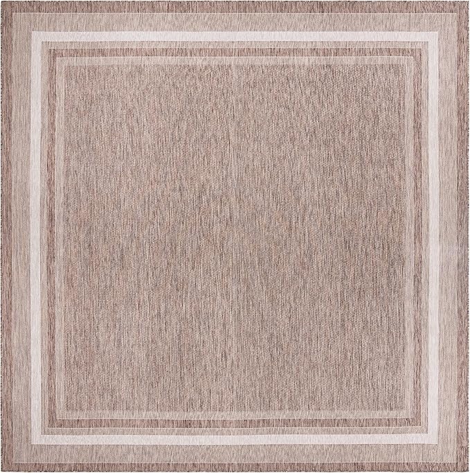 Unique Loom Outdoor Border Collection Area Rug - Soft Border (13' Square, Brown/ Ivory)