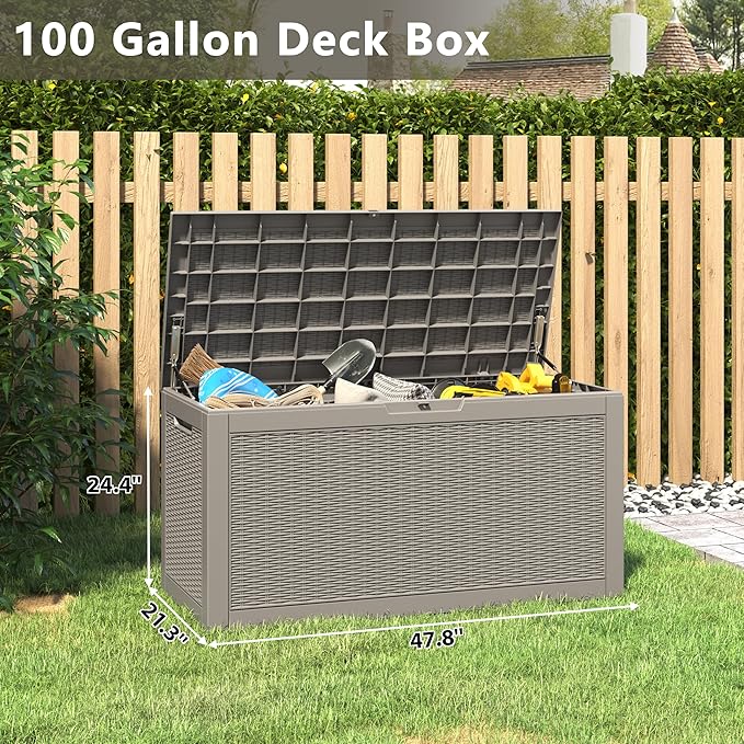 NUNU LAB 102 Gallon Large Waterproof Resin Deck Box, Lockable Outdoor Storage Box with Gas Lift, Patio Cushions, Garden Tools, Pool Supplies, Indoor Outdoor Storage Container, Grey
