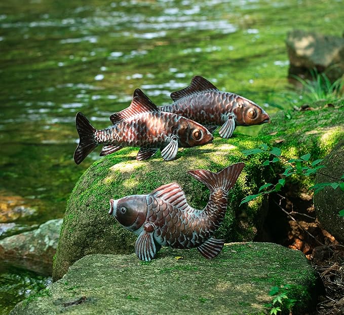 Set of 3 Garden Koi Fish Statue Antique Copper Fishes Outdoor Décor Garden Sculptures & Statues Metal Koi Fish Figurine Ornaments for Outdoors,Patio Decor,Backyard and Home Kitchen Decorations