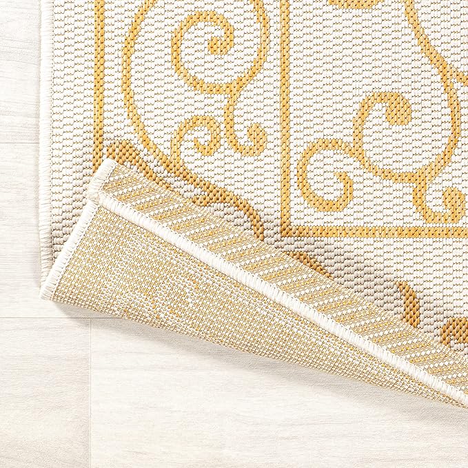 JONATHAN Y SMB106M-210 Charleston Vintage Filigree Textured Weave Indoor Outdoor Runner Rug, Classic,Traditional,Transitional Easy Clean,Bedroom,Kitchen,Backyard,Patio, Non-Shed, Cream/Yellow, 2 X 10