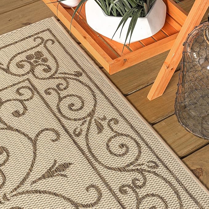 JONATHAN Y SMB106A-4SQ Charleston Vintage Filigree Textured Weave Beige/Brown 4' Square Indoor/Outdoor Area Rug, Pet Friendly, Non-Shedding, Stain Resistant, Easy-Cleaning for Backyard, Patio, Porch