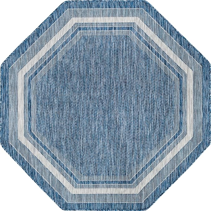 Unique Loom Outdoor Border Collection Area Rug - Soft Border (5' 3" Octagon, Blue/ Ivory)