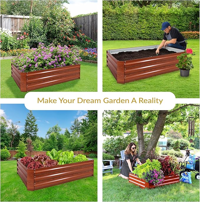 Sunnydaze 11.75" H Raised Metal Garden Bed - Galvanized Raised Garden Bed Outdoor for Vegetables and Flowers - Woodgrain - 4' x 3' Rectangle