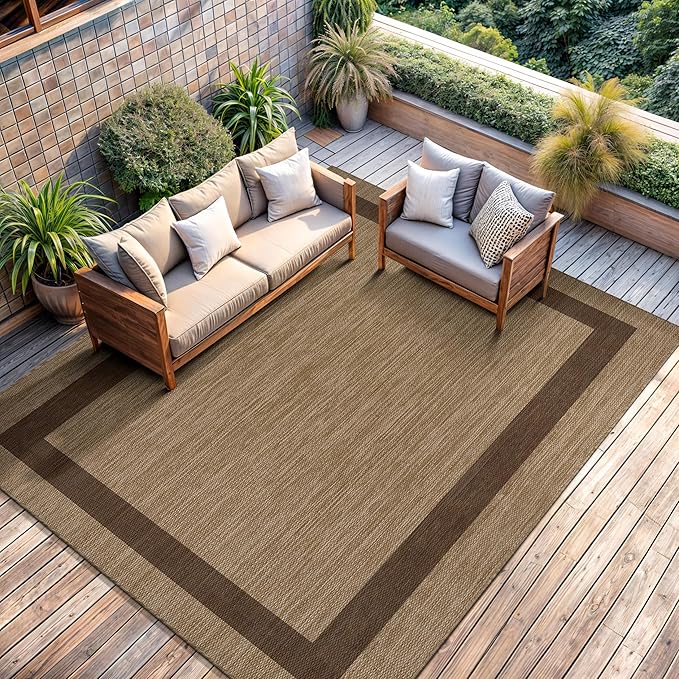 CAMILSON Outdoor Rug 8x10 - Modern Outside Rugs for Patios Porches Waterproof Durable Washable Non-Shedding, Easy-to-Clean Indoor Outdoor Area Carpet (8 x 10, Bordered - Jute)