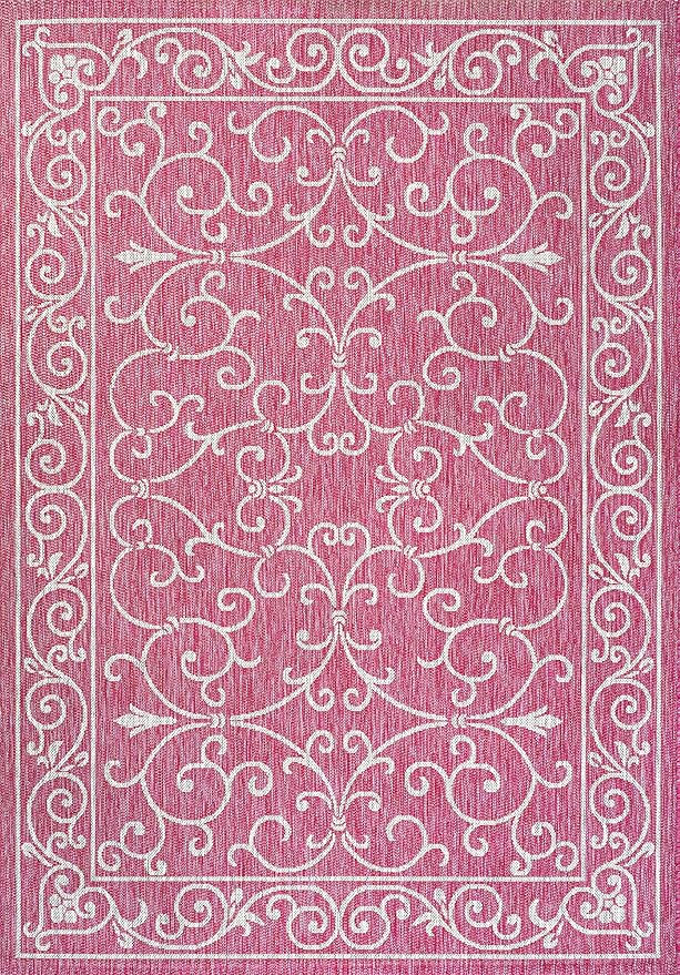 JONATHAN Y SMB106J-4 Charleston Vintage Filigree Textured Weave Indoor Outdoor Area Rug, Classic Traditional Easy-Cleaning,Bedroom,Kitchen,Backyard,Patio,Non Shedding, 4 X 6, Fuchsia/Light Gray