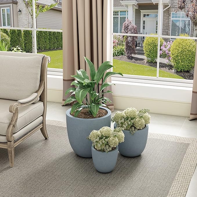 Kante 18",14",10" Dia Concrete Round Planters (Set of 3), Outdoor Indoor Large Planter Pots with Drainage Hole and Rubber Plug for Home Patio Garden, Gray