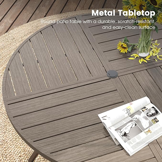DIFY 40.6" Round Outdoor Patio Dining Table for 4, All-Weather Metal Steel Slatted Patio Table with 1.57" Adjustable Umbrella Hole, for Lawn Garden Porch Backyard, Grey Wood-Like