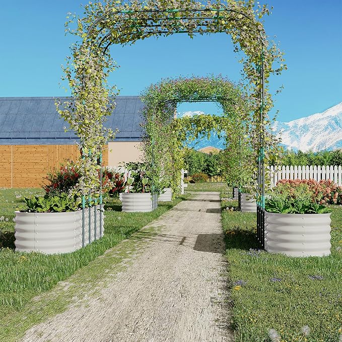 Galvanized Raised Garden Bed with 96" Tall Vertical Arch Trellis – Expandable Rust-Resistant Planter Box for Outdoor Plants, Flowers, Herbs & Vines – Includes Plant Clips, Drainage Netting,Beige