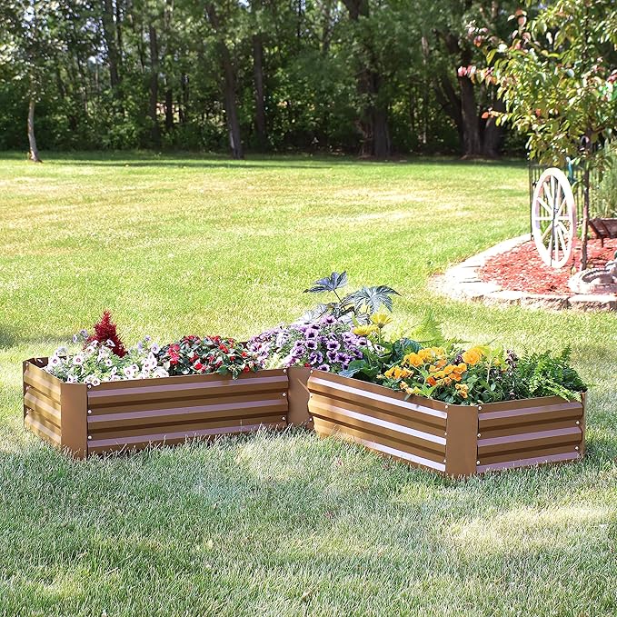 Sunnydaze 11.75" H Raised Metal Garden Bed - Galvanized Raised Garden Bed Outdoor for Vegetables and Flowers - Brown - L-Shaped