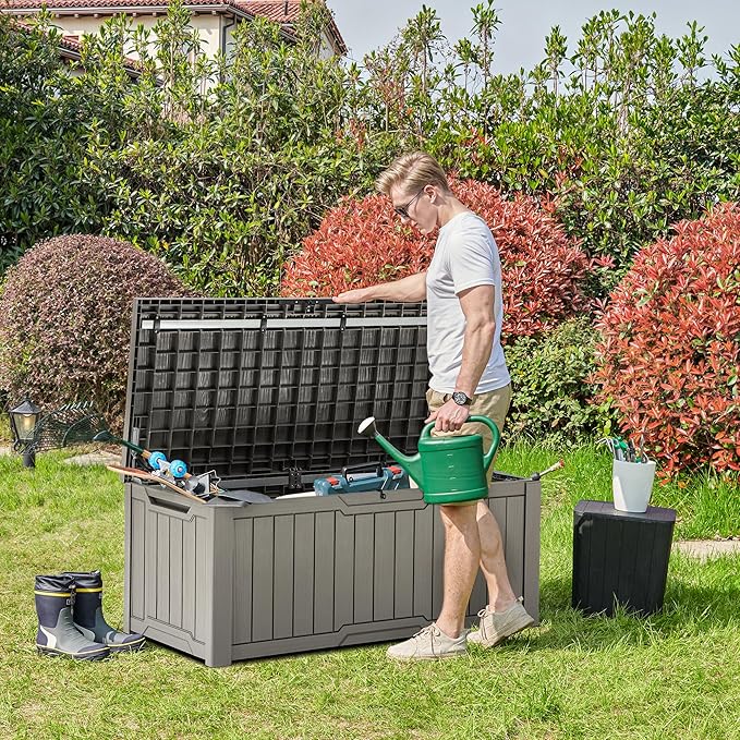 YITAHOME 120 Gallon Outdoor Storage Deck Box, Large Resin Patio Storage for Outdoor Pillows, Garden Tools and Pool Supplies, Waterproof, Lockable (Light Brown)