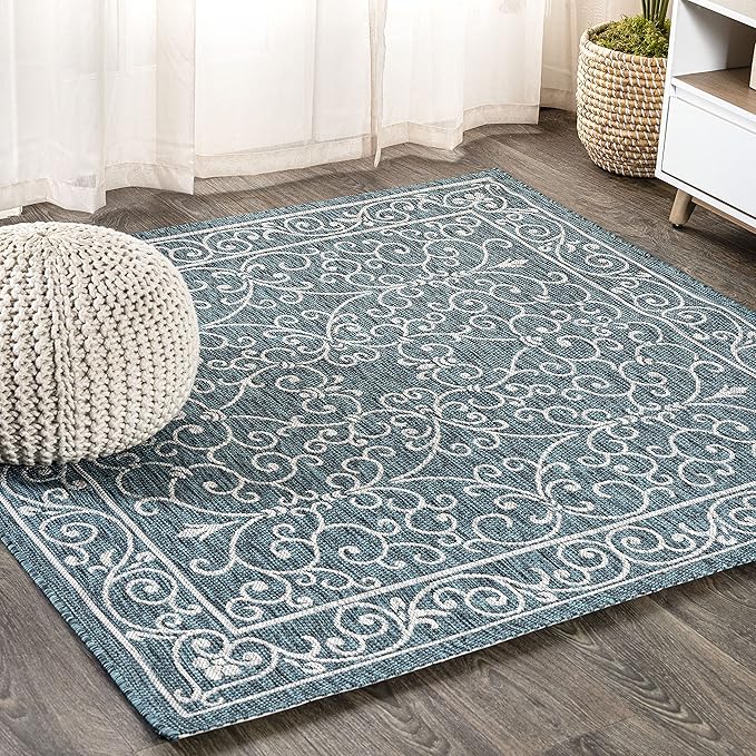 JONATHAN Y SMB106F-9SQ Charleston Vintage Filigree Textured Weave Teal/Gray 9' Square Indoor/Outdoor Area Rug, Pet Friendly, Non-Shedding, Stain Resistant, Easy-Cleaning for Backyard, Patio, Porch
