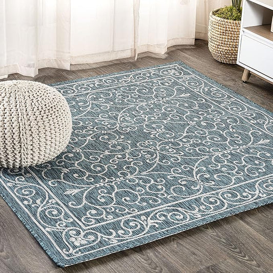 JONATHAN Y SMB106F-9SQ Charleston Vintage Filigree Textured Weave Teal/Gray 9' Square Indoor/Outdoor Area Rug, Pet Friendly, Non-Shedding, Stain Resistant, Easy-Cleaning for Backyard, Patio, Porch