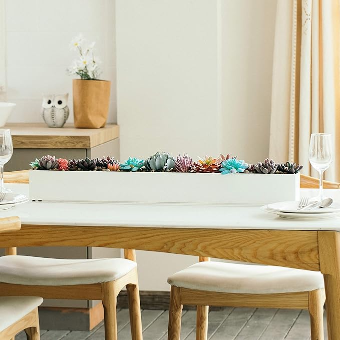 DR&Co Modern Rectangle Planter Box - 32" Metal Planter Ideal for Long Succulent, Rectangular Box for Table or Window Sill, Trough for Indoor Window, White