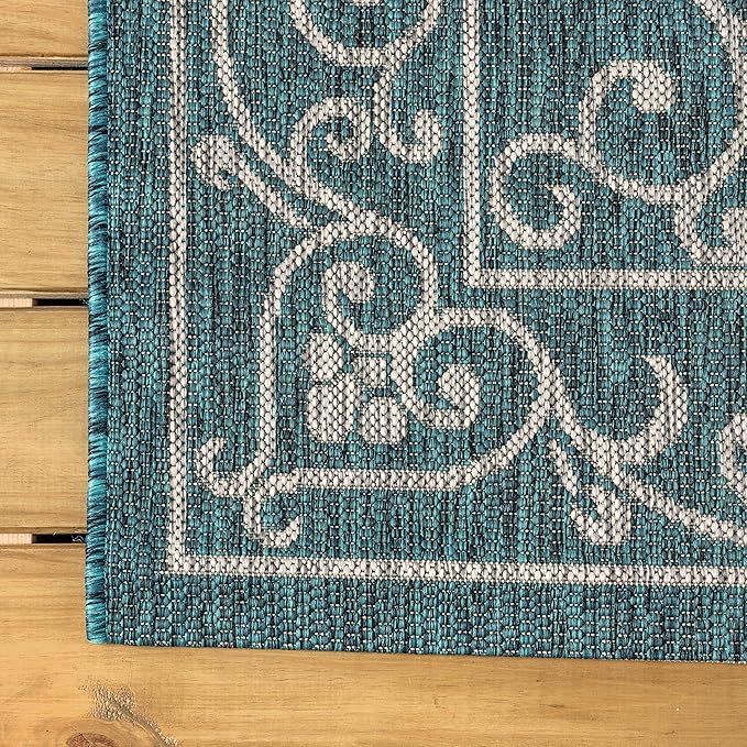 JONATHAN Y SMB106F-9SQ Charleston Vintage Filigree Textured Weave Teal/Gray 9' Square Indoor/Outdoor Area Rug, Pet Friendly, Non-Shedding, Stain Resistant, Easy-Cleaning for Backyard, Patio, Porch