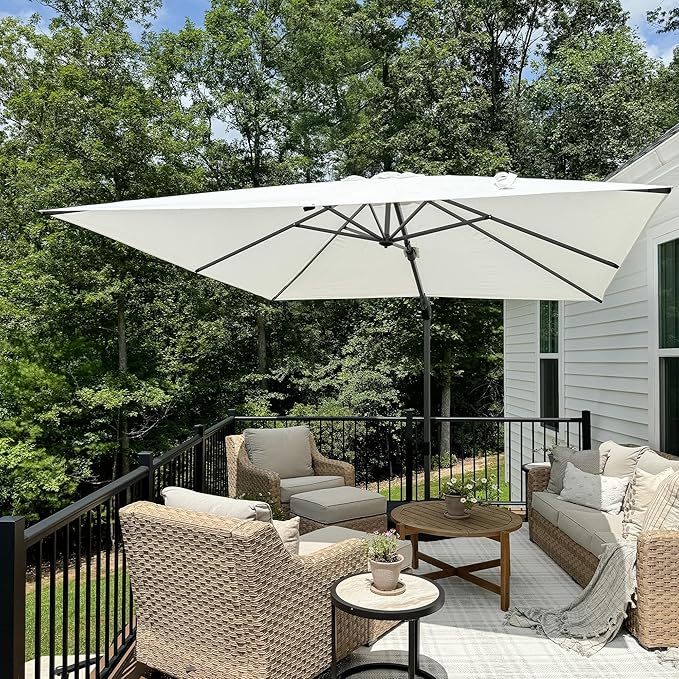 PURPLE LEAF 9.8' X 9.8' Patio Umbrella with Base Outdoor Cantilever Swivel Square Umbrella with Tilt Aluminum Offset Umbrella with 360-degree Rotation for Garden Deck Pool Patio White