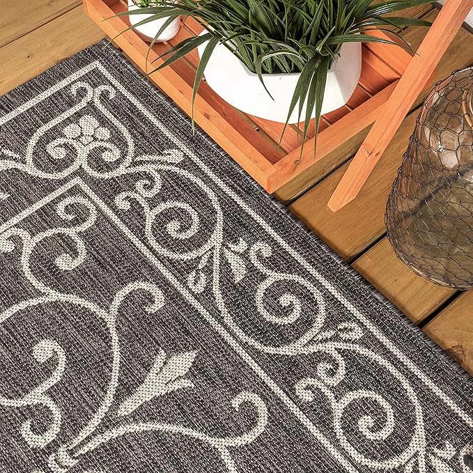 JONATHAN Y SMB106G-8 Charleston Vintage Filigree Textured Weave Indoor Outdoor Area Rug Classic Coastal Easy Cleaning Bedroom Kitchen Backyard Patio Non Shedding, 8 X 10, Black/Gray