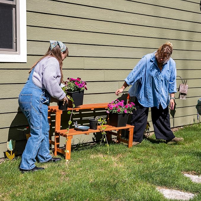 Sunnydaze 2-Tier Meranti Outdoor Wood Plant Stand - Indoor Plant Bench with Teak Oil Finish - 24-Inch
