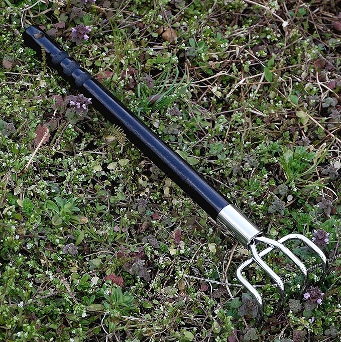 Japanese Garden Rake Cultivator Long Handle 19" Heavy Duty Japanese Steel 4 Claw Wood Handle, Made in Japan, Hand Cultivator Tool for Digging, Weeding, Cultivating, Silver