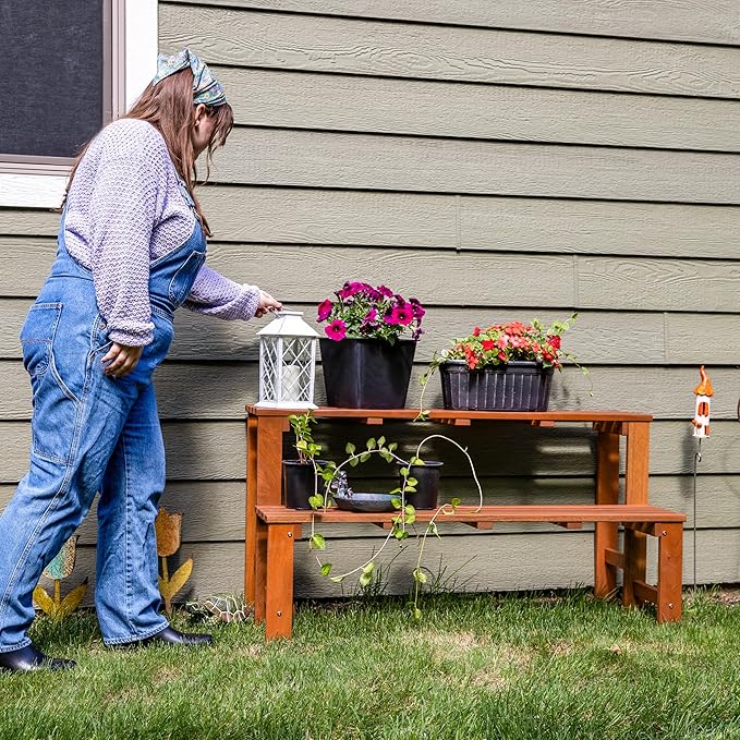 Sunnydaze 2-Tier Meranti Outdoor Wood Plant Stand - Indoor Plant Bench with Teak Oil Finish - 24-Inch