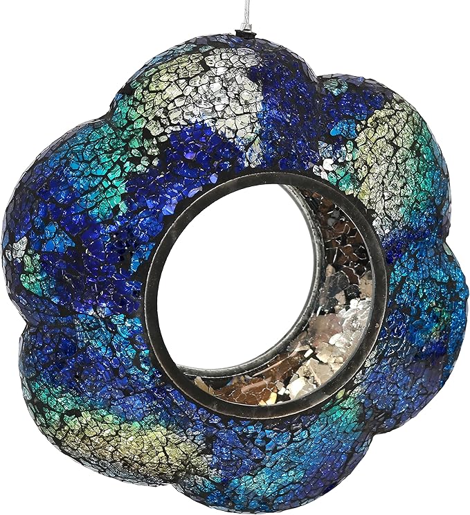 Sunnydaze 10-Inch Glass Mosaic Hanging Bird Feeder for Outdoors - Fly-Through Wild Bird Feeder - Indigo Flower Mosaic