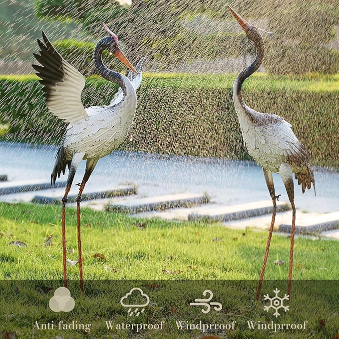 TERESA'S COLLECTIONS Yard Decorations Outdoor Garden Statues, White Metal Crane Yard Art, 25-26inch Lawn Ornaments for Backyard, Outside Porch, Patio, Wedding Decor,Set of 2,Spring Decor,Gifts for Mom