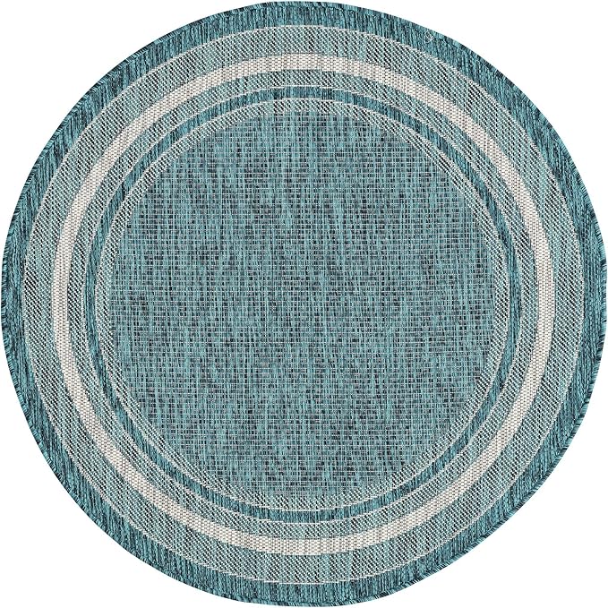 Unique Loom Outdoor Border Collection Area Rug - Soft Border (4' Round Teal/Ivory)
