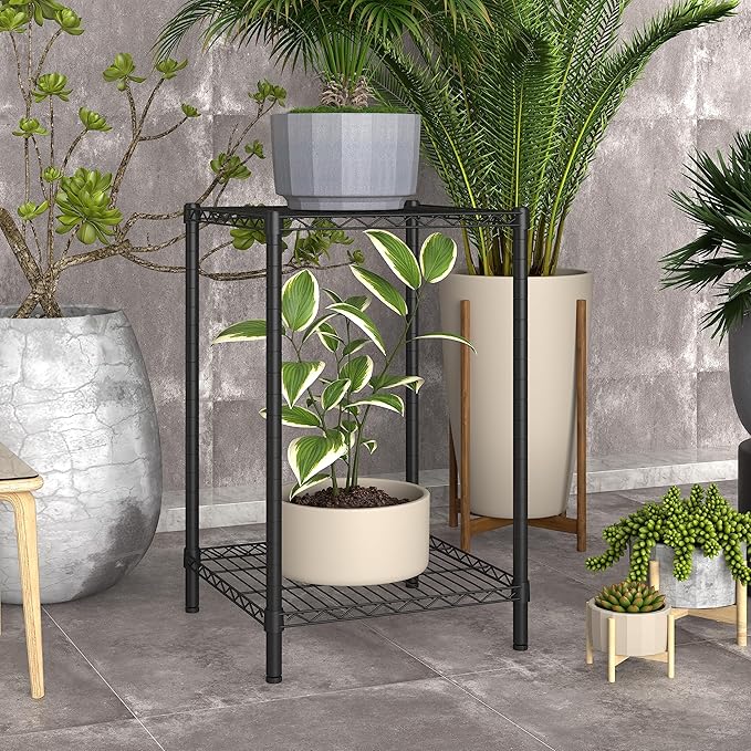 Xiofio 2 Tier Metal Plant Stand for Indoor and Outdoor Plant Shelf, Multi-Functional Adjustable Shelf Plant Stands Flower Stands With hanger rod for Living Room Balcony and Garden,Black
